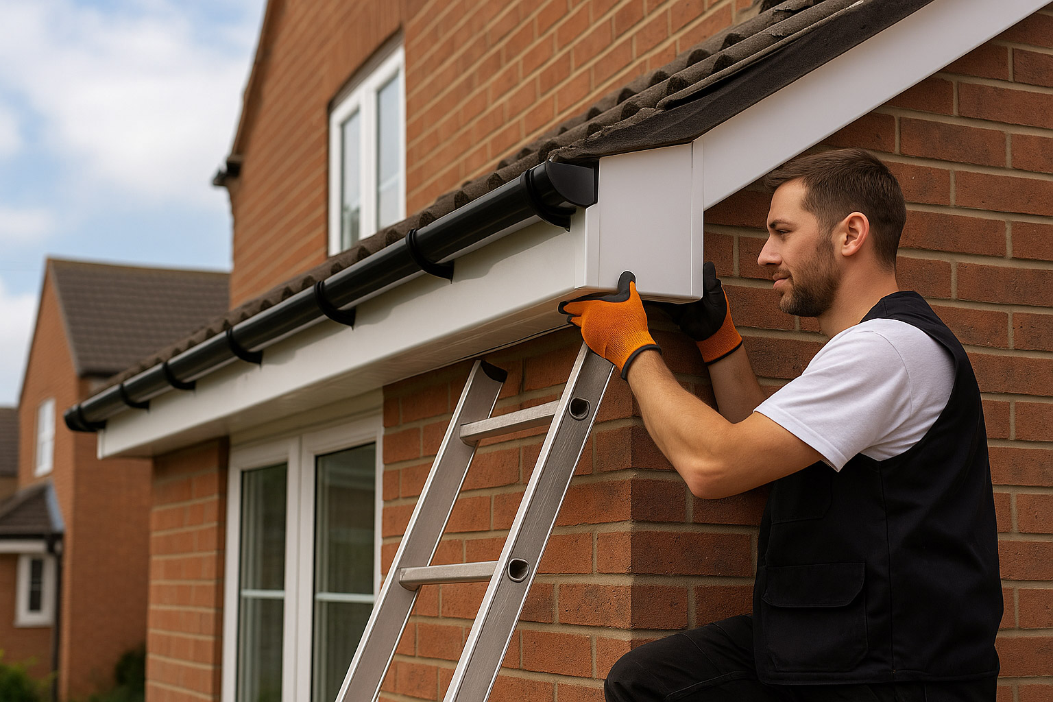 New white UPVC fascia boards and black guttering being installed on a house